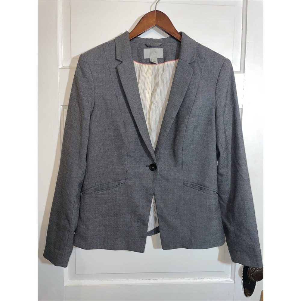 H&M Women Blazer‎ light Gray One Button Lined Shoulder Pads Jacket Size 12